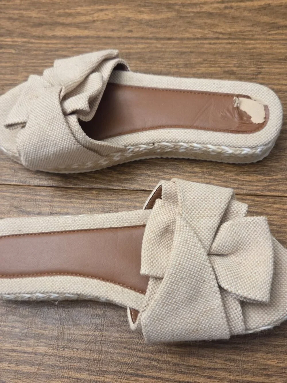 Women's Beige Fabric Bow Platform Espadrille Open Toe Slide - Sz 7.5M
